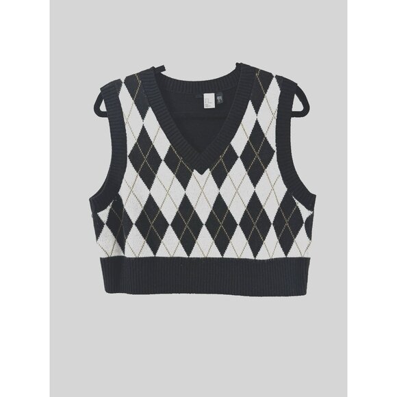 H&M Sweaters - H&M Cropped Argyle Sweater Vest M Black White Dark Academia Preppy Minimal Layer